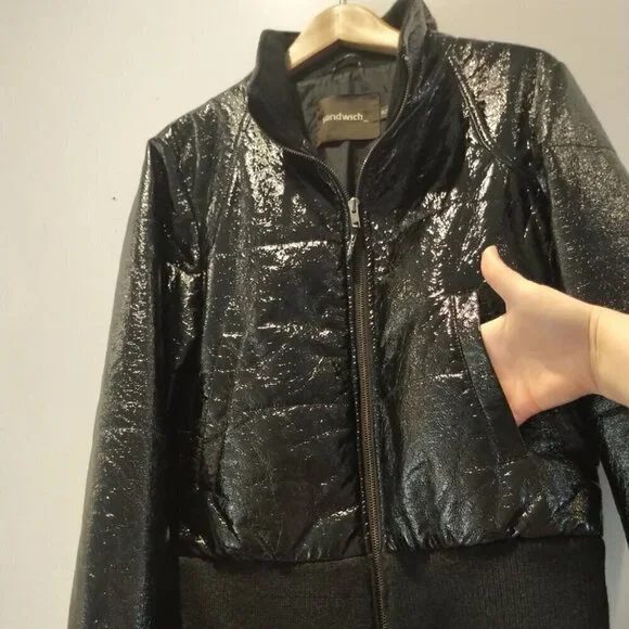 NWOT Sandwich Wet look Bomber Jacket Biker Moto Jacket vinyl look Mobwife Jacket - Picture 7 of 16